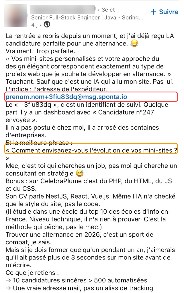 Post LinkedIn du recruteur